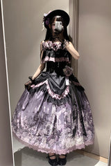 Black/Purple [Angel Garden] Sleeveless Print Ruffle Bowknot Lace Sweet Gothic Lolita Skirt Set - Product - 12