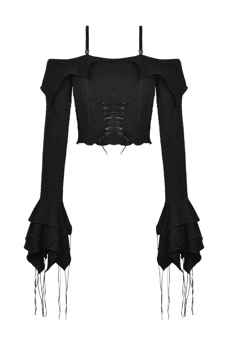 Black Off Shoulder Long Trumpet Sleeves Lace-Up Women's Gothic Sexy Crop Top - Product - 12