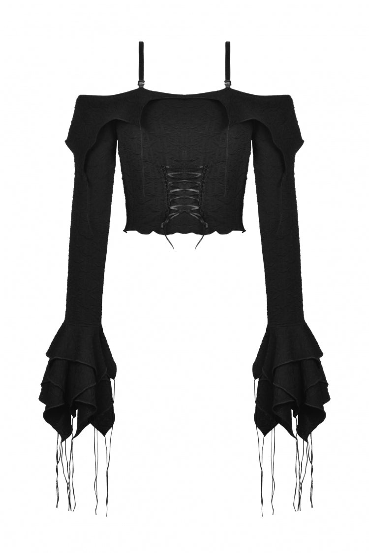 Black Off Shoulder Long Trumpet Sleeves Lace-Up Women's Gothic Sexy Crop Top - Product - 12