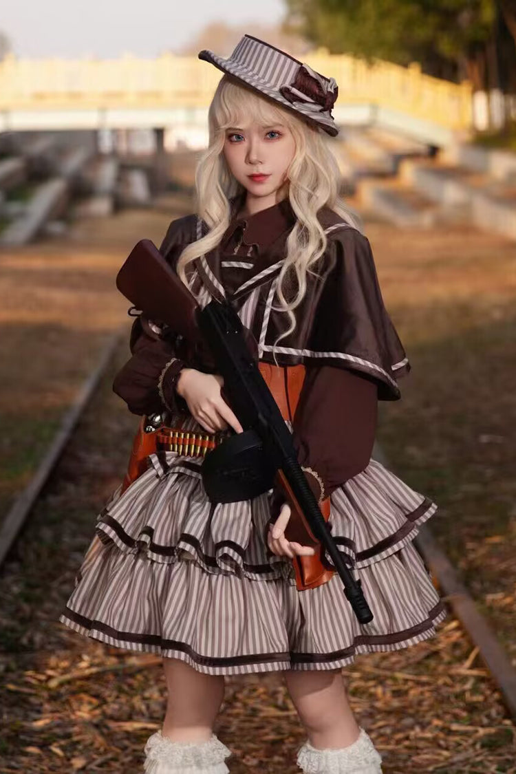[From Afar] Sleeveless Triple-Layered Stripe Print Bowknot Sweet College Style Lolita Dress 2 Colors - Product - 8