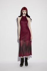 Red Halterneck Sleeveless Double-Layered Church Skull Printed  Printed Lace-Up Slim Women's Gothic Dress Graduation Dress - Product - 14