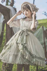 White/Green Country Style Daisy Poem Elegant Boat Neck High Waisted Sweet Lolita Jsk Dress - Product - 6