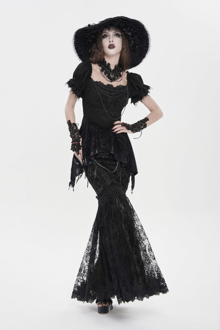 Black Double-Layered Embroidered Lace Slim Pearl-Decorated Women's Gothic Skirt - Black - 1