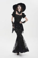 Black Double-Layered Embroidered Lace Slim Pearl-Decorated Women's Gothic Skirt - Black - 1