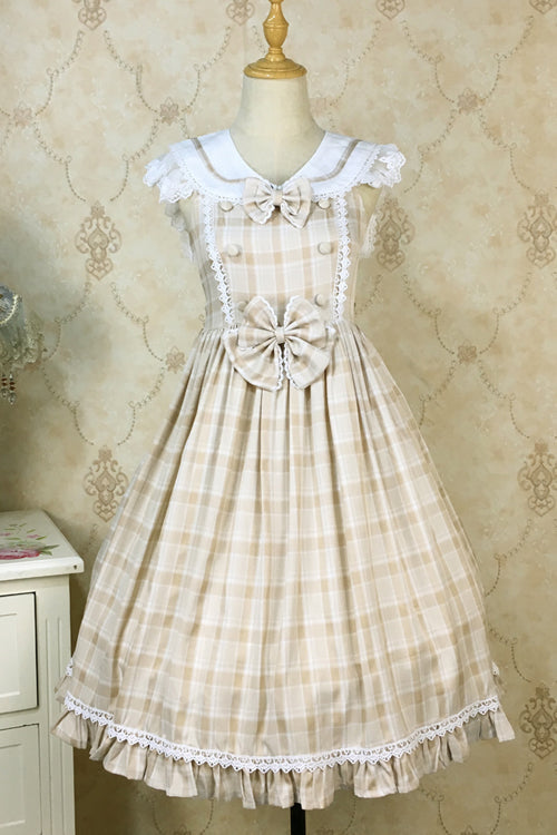 Plaid Print With Fake Collar High Waisted Sweet Lolita JSK Dress - Apricot - 1