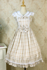 Plaid Print With Fake Collar High Waisted Sweet Lolita JSK Dress - Apricot - 1