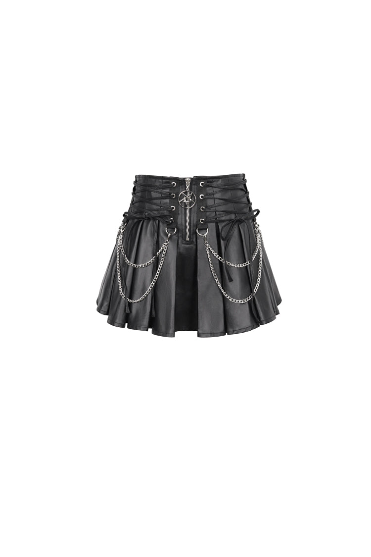 Black Faux Leather Web Eyelet Adjustable String Chain Pleated Women's Gothic Skirt - Product - 6