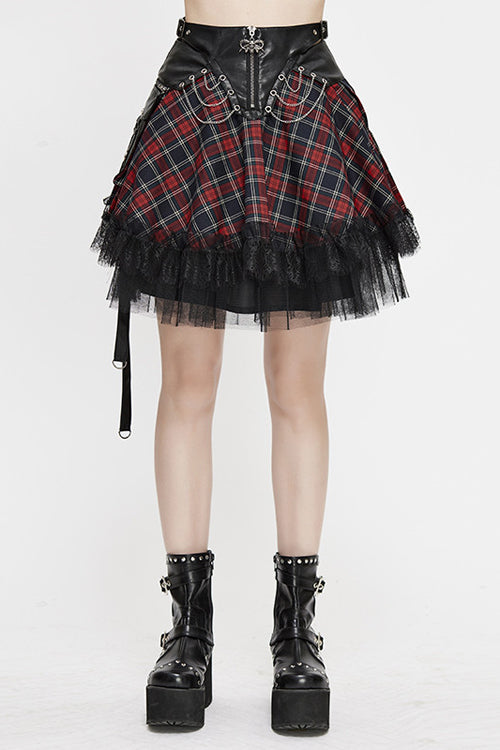 Black And Red Punk Lace Up Scottish Plaid Womens Skirts With Bag - Black/Red - 1