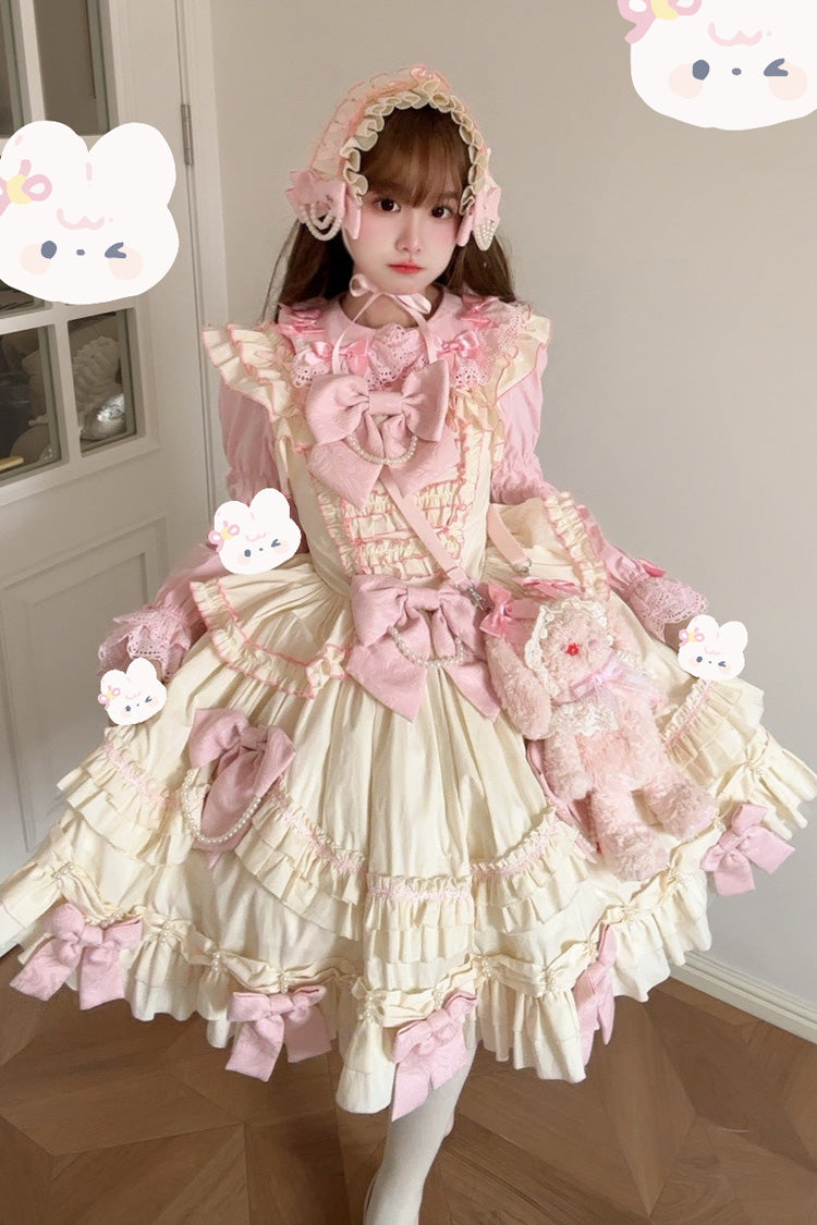 Pink/Yellow Doll Multi-Layered Ruffle Bowknot Lace Sweet (Set) front view