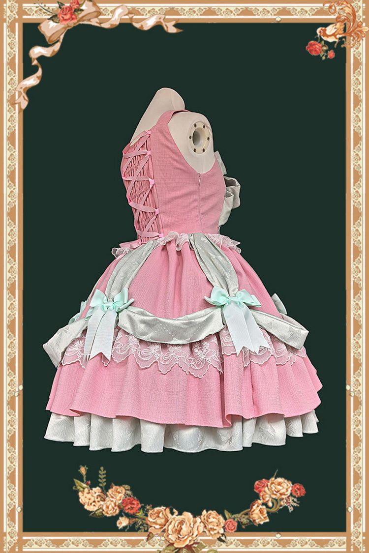 Pink [Gift Box] Sleeveless Double-Layered Ruffled Bow Lace-Up Sweet Lolita Jsk Dress - Product - 3