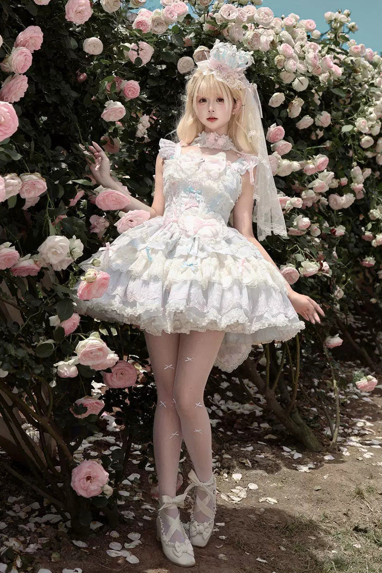 Bkue/Pink [Cloudwhale Dreamweaver] Square Collar Multi-Layered Ruffled Bow Lace Sweet Lolita Jsk Dress - Product - 4
