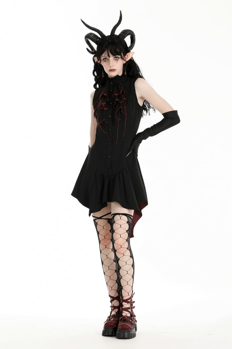 Black/Red Contrast Color Women's Gothic Ruffled Stand Collar Jabot Sleeveless Halloween Tail Dress - Product - 7