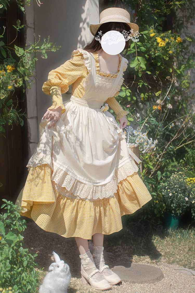 Yellow Long Sleeves Print Ruffle Lace-Up Sweet Elegant Lolita Dress - Product - 7