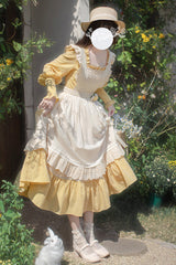 Yellow Long Sleeves Print Ruffle Lace-Up Sweet Elegant Lolita Dress - Product - 7