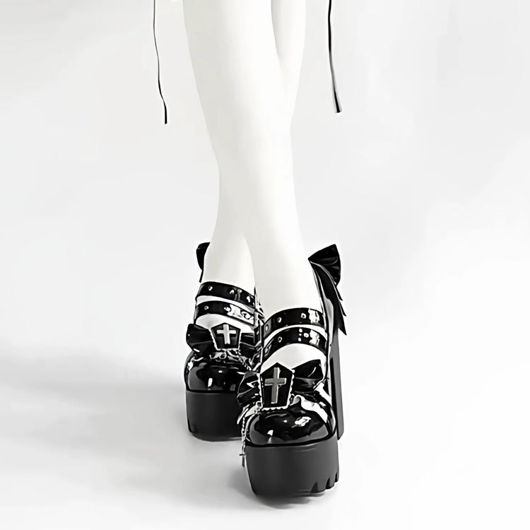 Black Bow Chain Cross Princess Gothic Punk Lolita High Heels - Product - 6