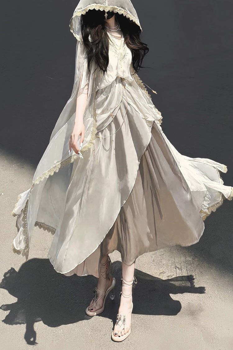White [Angel of Judgment] Greek-Inspired V Collar Sleeveless Ruffled Embroidered Asymmetric Sweet Lolita Jsk Dress Set - Product - 7