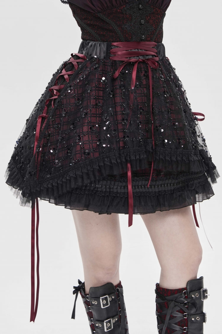 Black/Red Multi-Layered Lace Lace-Up Women's Gothic Skirt - Product - 6
