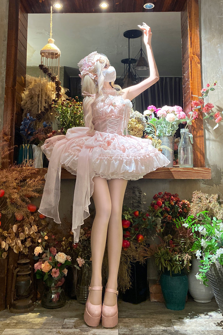 Pink Halterneck Triple-Layered Bowknot Lace Sweet Lolita Jsk Dress - Product - 7