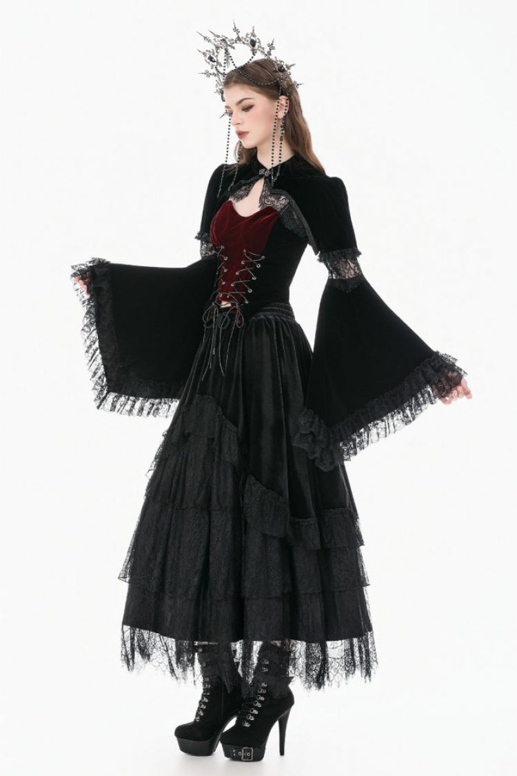 Black Keyhole Mandarin Collar Long Flare Sleeves Velvet Splice Lace Women's Gothic Shrug - Product - 2