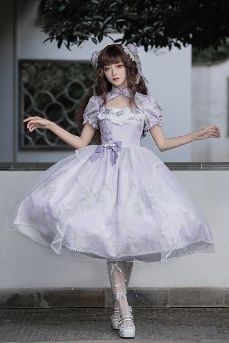 Purple Lilac Short Sleeves Hollow Embroidery Sweet Chinese Cheongsam Style Lolita Dress - Product - 3