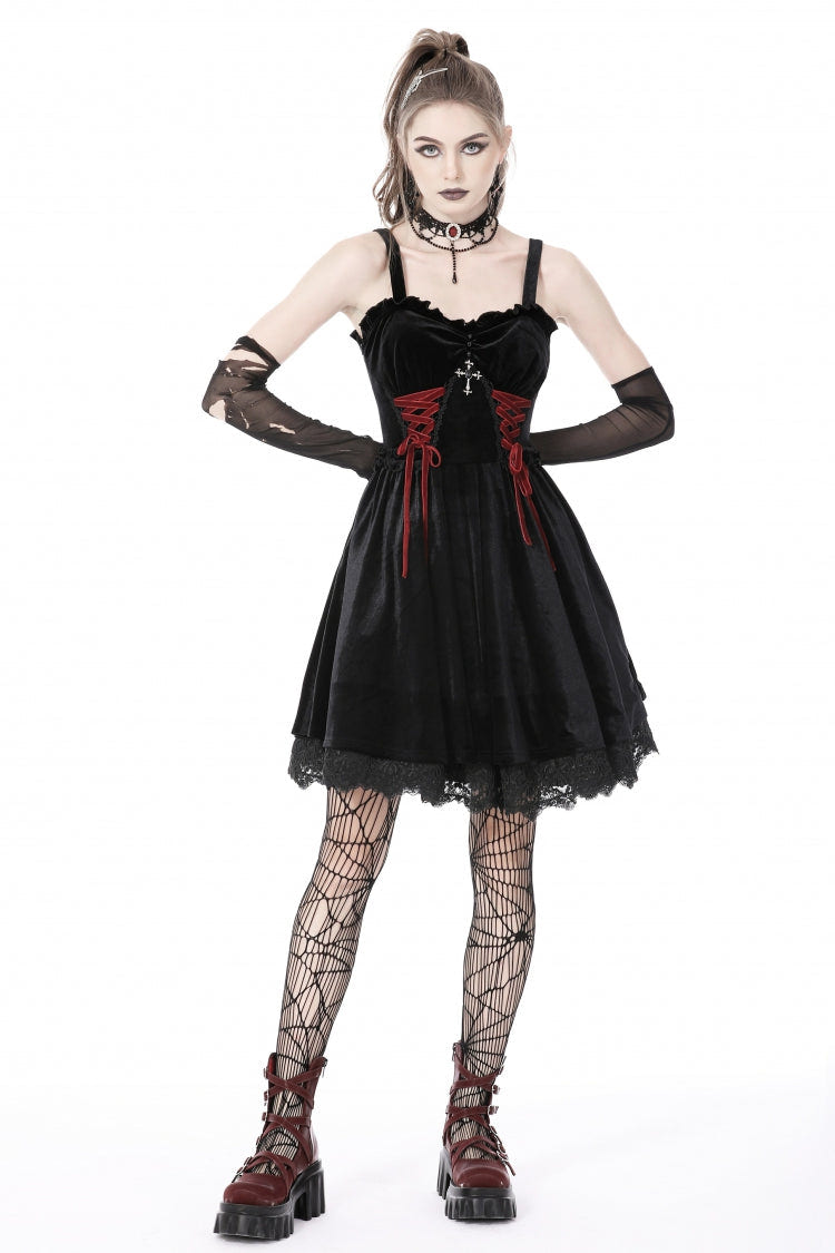 Black/Red Cross Lace-Up Strappy Women's Gothic Velvet Slip Dress - Black/Red - 1