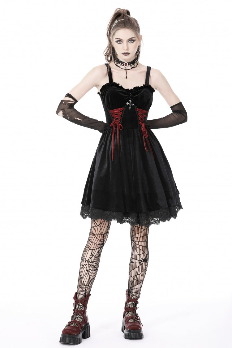 Black/Red Cross Lace-Up Strappy Women's Gothic Velvet Slip Dress - Black/Red - 1