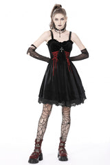 Black/Red Cross Lace-Up Strappy Women's Gothic Velvet Slip Dress - Black/Red - 1