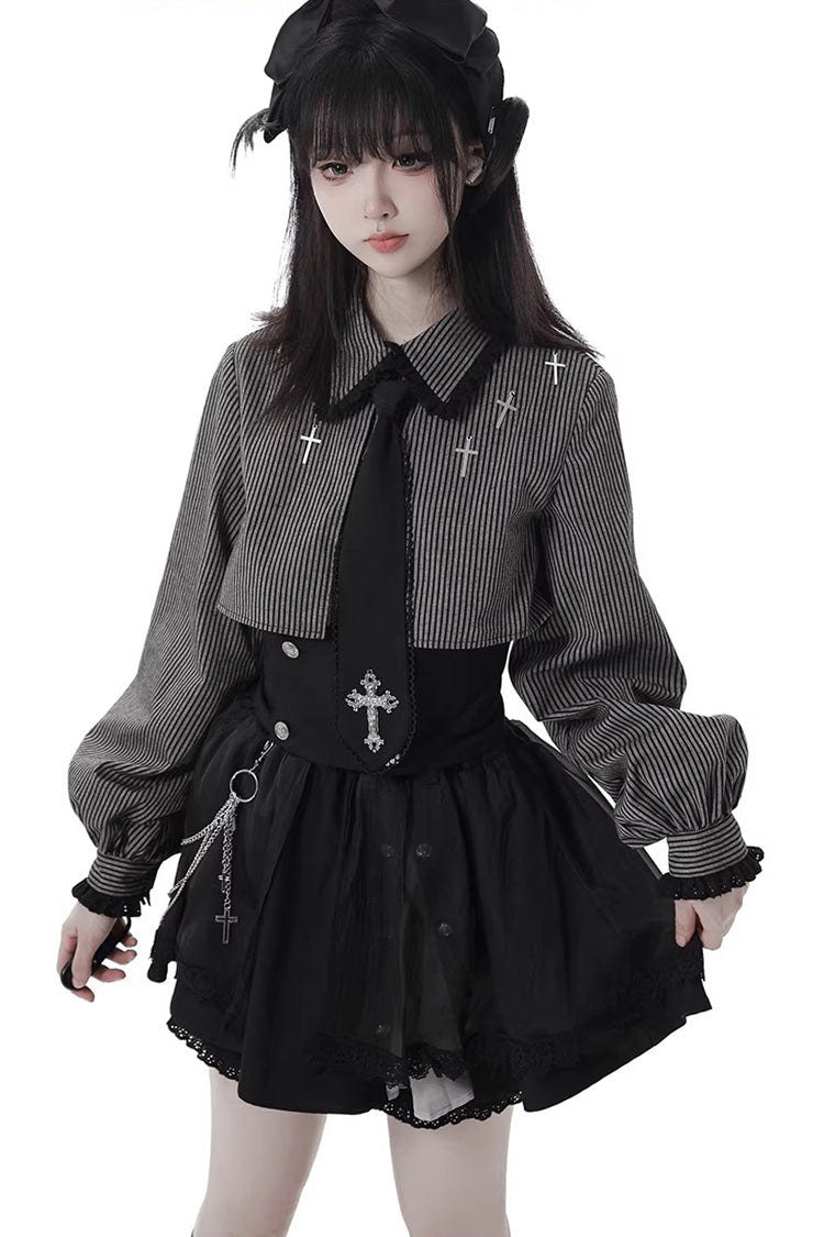 Black [Hymn of the Cross] Long Sleeves Printed Ruffled Asymmetric Chain-Decorated Gothic Jirai Kei Skirt Set - Product - 3