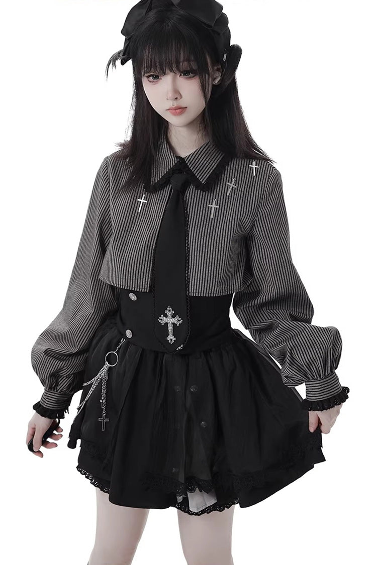Black [Hymn of the Cross] Long Sleeves Printed Ruffled Asymmetric Chain-Decorated Gothic Jirai Kei Skirt Set - Product - 3