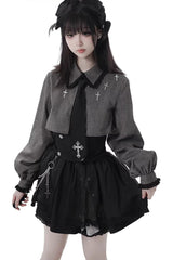 Black [Hymn of the Cross] Long Sleeves Printed Ruffled Asymmetric Chain-Decorated Gothic Jirai Kei Skirt Set - Product - 3