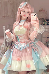 Pink/Blue [Camellia Covenant] Halterneck Ruffled Bow Lace Lace-Up Sweet Lolita Jsk Dress - Pink/Blue - 1