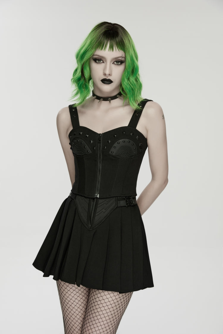 Black Lace-Up Slim Studded Zippered Eyelet Women's Punk Cool Corset - Black - 1