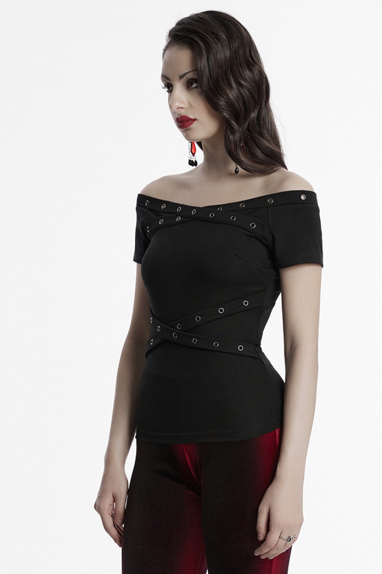 Black Off Shoulder Short Sleeves Eyelet Straps Women's Gothic Blouse - Product - 3