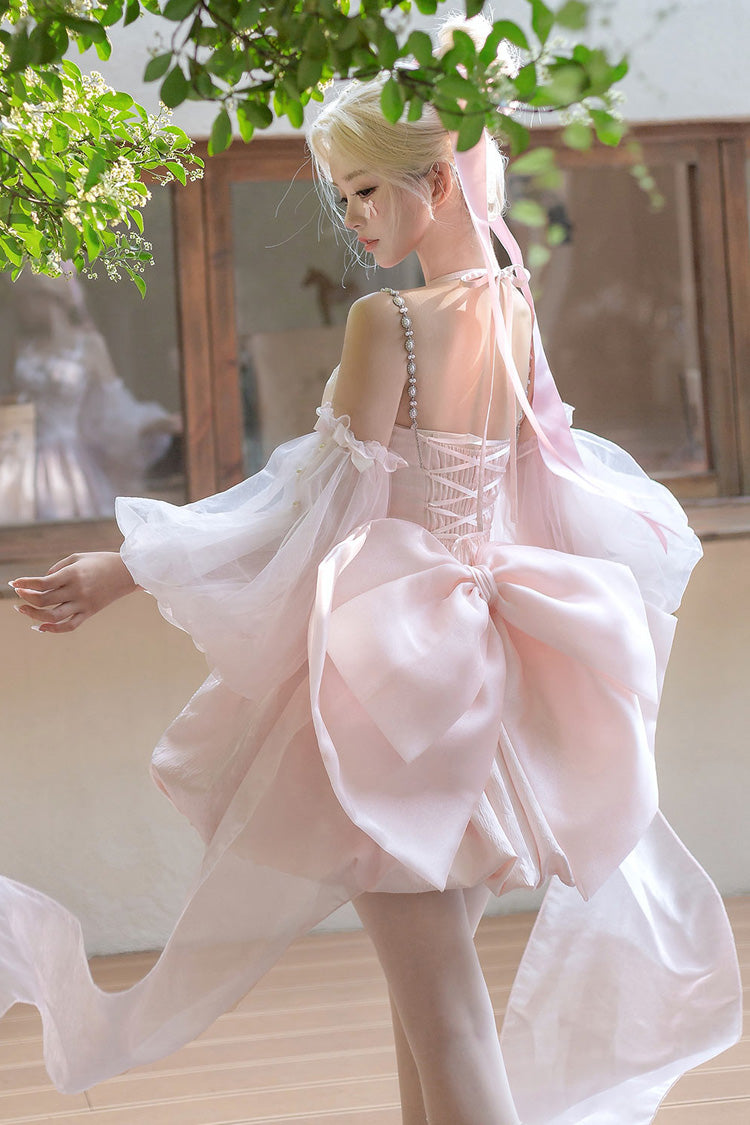 Pink [The Runaway Princess] Sleeveless Ruffle Bowknot Lace-Up Sweet Lolita Jsk Tulip Dress Set - Product - 4