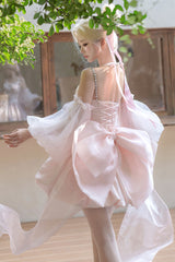 Pink [The Runaway Princess] Sleeveless Ruffle Bowknot Lace-Up Sweet Lolita Jsk Tulip Dress Set - Product - 4