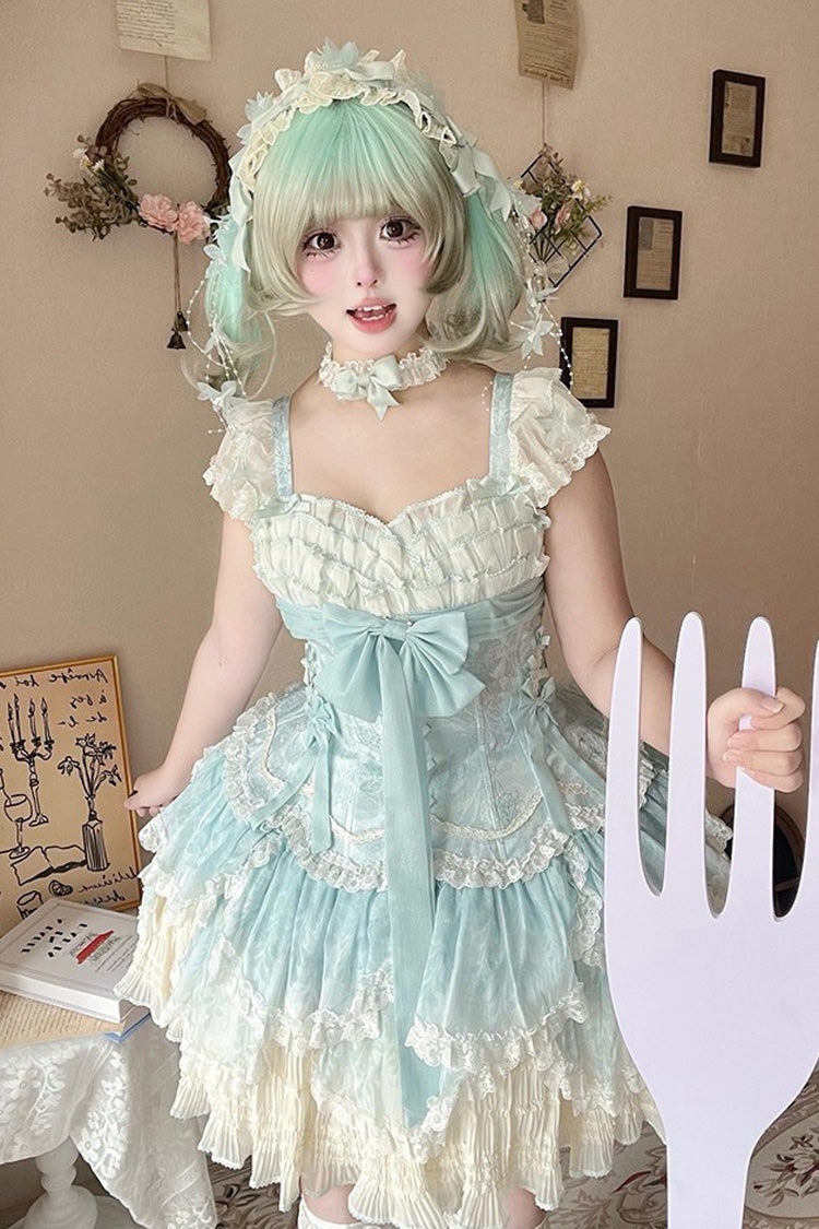 Green [Floral Dream] Short Sleeves Multi-Layered Ruffle Embroidery Bowknot Lace-Up Sweet Elegant Ballet Lolita Jsk Dress - Product - 17