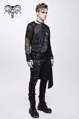 Black A Variety Of Mesh Materials Stitching Unedged Broken Holes Round Collar Men's Punk T-Shirt - Product - 2