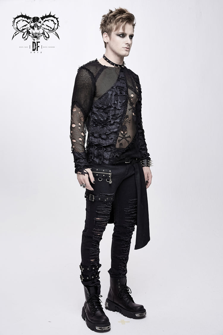 Black A Variety Of Mesh Materials Stitching Unedged Broken Holes Round Collar Men's Punk T-Shirt - Product - 2