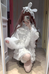 White [Snow Season Love Letter] Long Sleeves Multi-Layered Ruffled Bow Sweet Jirai Kei Lolita Skirt Set - Product - 6