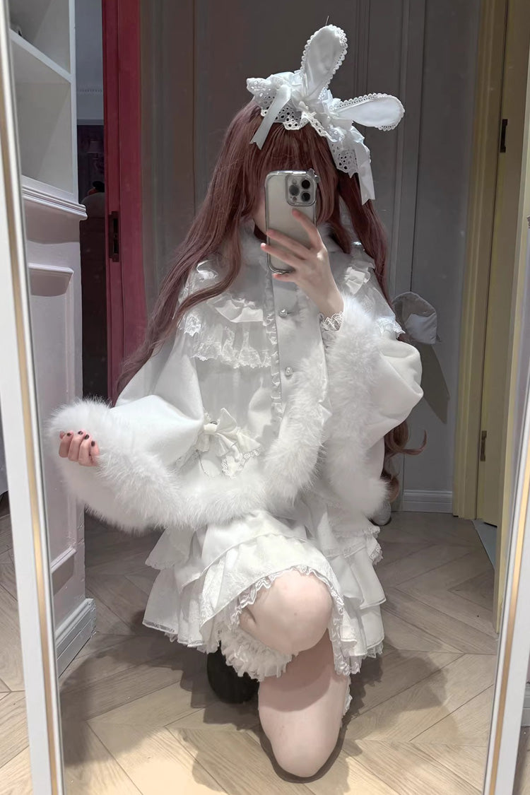 White [Snow Season Love Letter] Long Sleeves Multi-Layered Ruffled Bow Sweet Jirai Kei Lolita Skirt Set - Product - 6