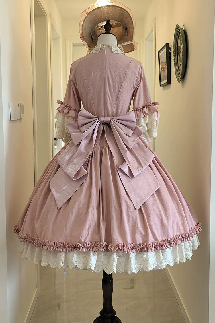 Pink [Lilica Garden] Lapel Collar Short Trumpet Sleeves Ruffled Open-Front Bow Lace Sweet Elegant Luxurious Lolita Dress - Product - 12
