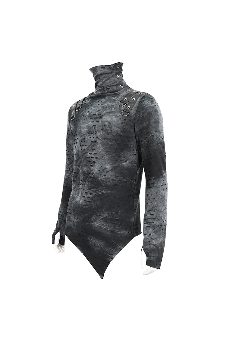 Grey/Black Lrregular Ripped Stand Collar Men's Punk Shirt - Product - 8