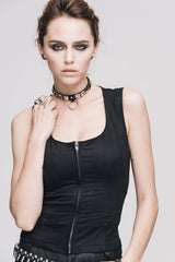 Black Front Zip Sleeveless Back Cut-Out Belted Round Collar Women's Punk Tank Top - Product - 3