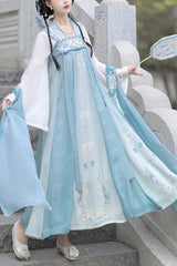 Blue Trumpet Sleeves High Waisted Print Embroidery Sweet Chinese Style Hanfu Dress Full Set - Blue - 1