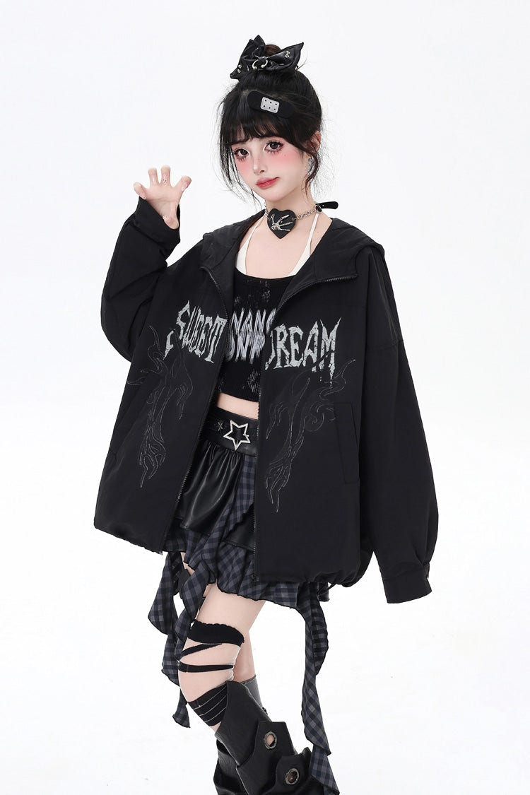 Black Long Sleeves Print Zipper Gothic Loose Jirai Kei Coat - Product - 5