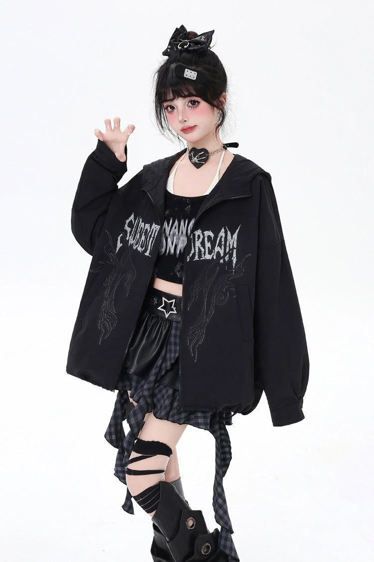 Black Long Sleeves Print Zipper Gothic Loose Jirai Kei Coat - Product - 5