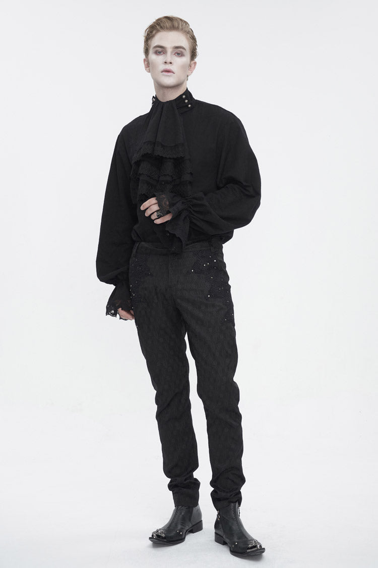 Black Puff Sleeved Ruffled Lace Splice Men's Gothic Shirt - Product - 4