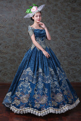 Blue Boat Neck Off-The-Shoulder High Waisted Embroidery Floral Print Victorian Lolita Prom Dress - Product - 2