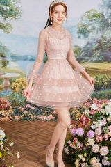 Pink Vintage French Doll Collar Ruffled Long Sleeves Mesh Embroidered Sweet Lolita OP Dress - Product - 5