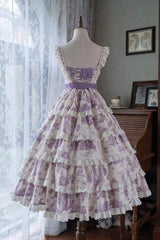 Purple [Grape Moon Almanac] Sleeveless Multi-Layered Printed Ruffled Bow Adjustable-Length Sweet Lolita Jsk Dress - Product - 3